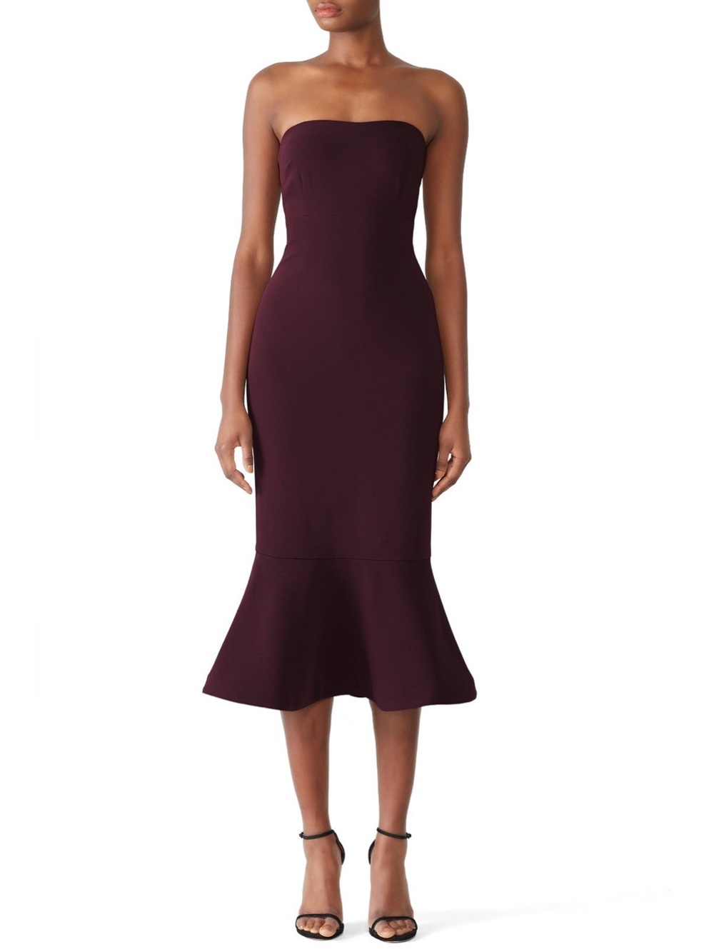 CINQ à SEPT Vino Luna Plum Strapless Sheath Midi Dress Ruffle Hem Size 10